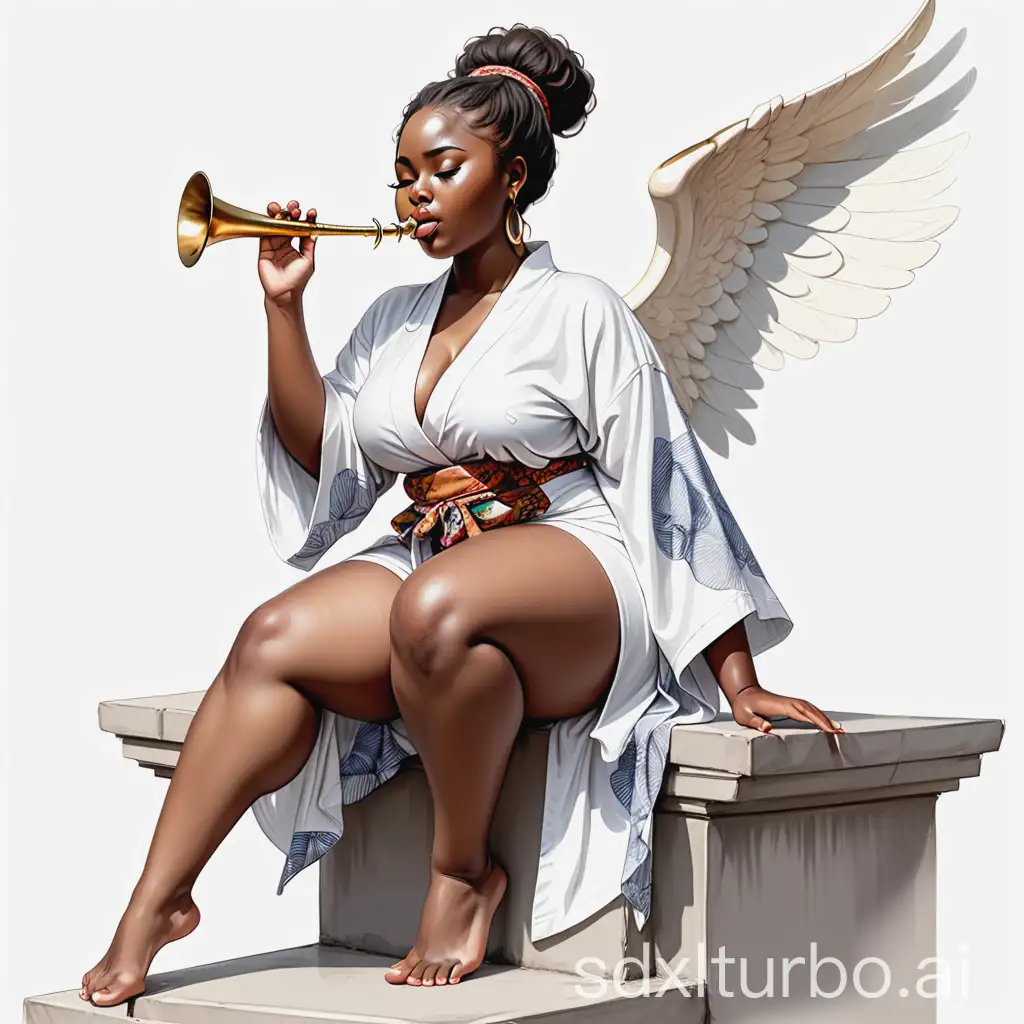 African-Woman-Angel-Playing-Horn-in-Kimono