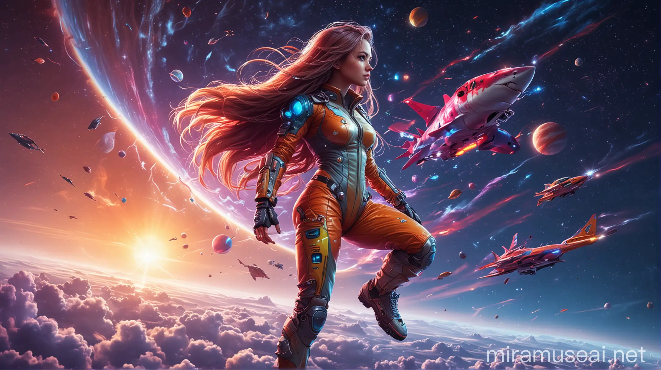 Futuristic Fitness Woman in Colorful Space Suit Under a Vibrant Night Sky