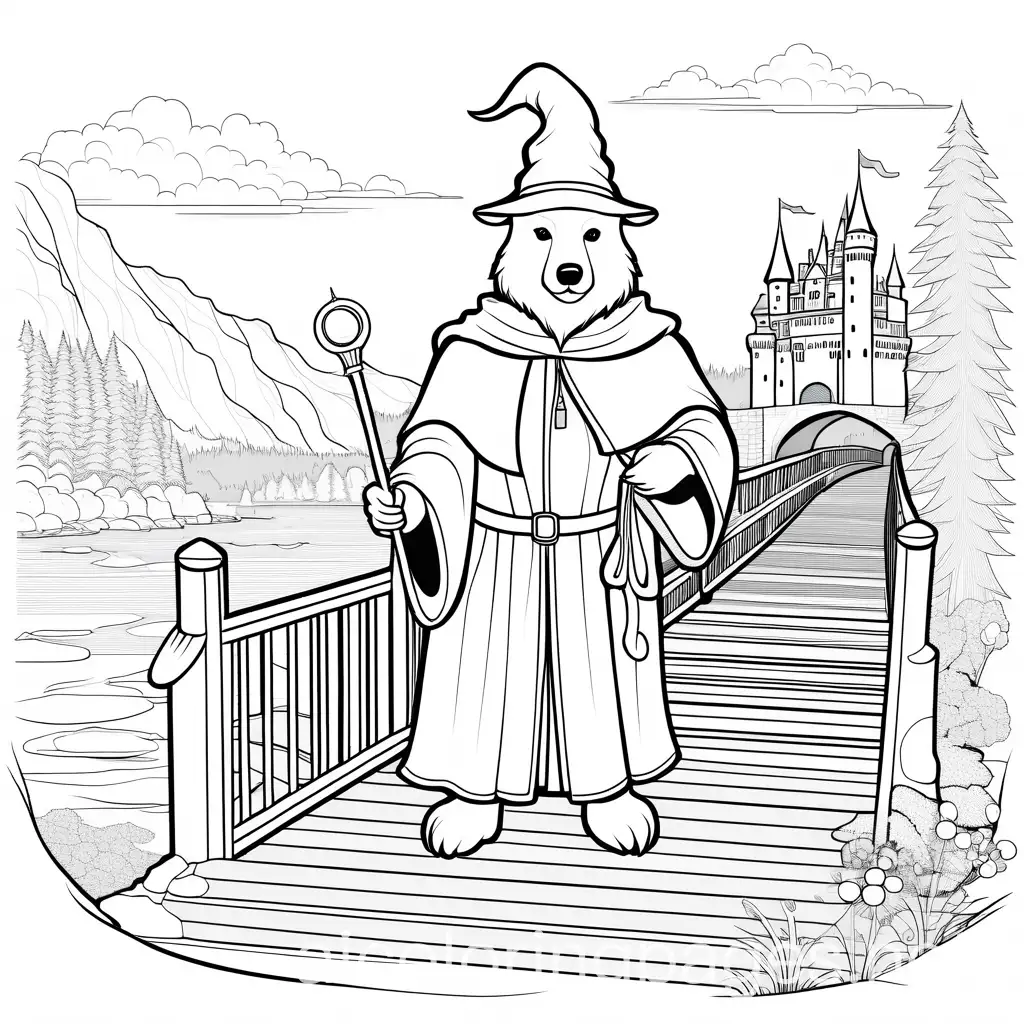 Bear-Wizard-Coloring-Page-on-Bridge-with-Castle-Background