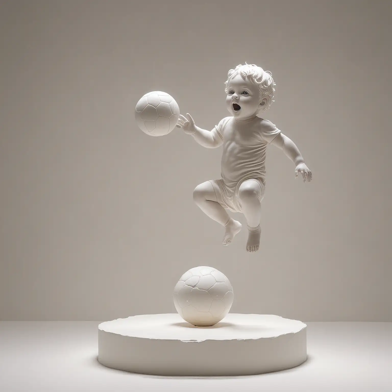 Playful Baby Sculpture Jumping with Ball in White Space