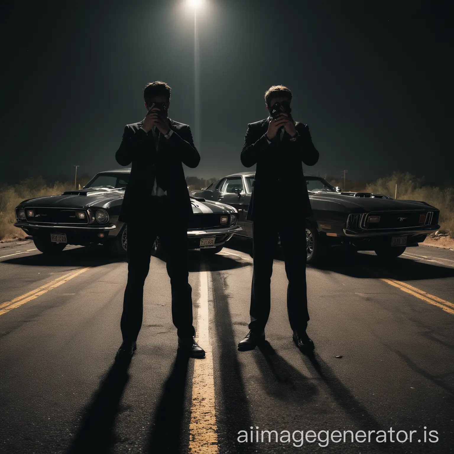 a man wearing black suit hiding his face holding pistol standing inbetween 2 ford mustangs on a road in a dark night 