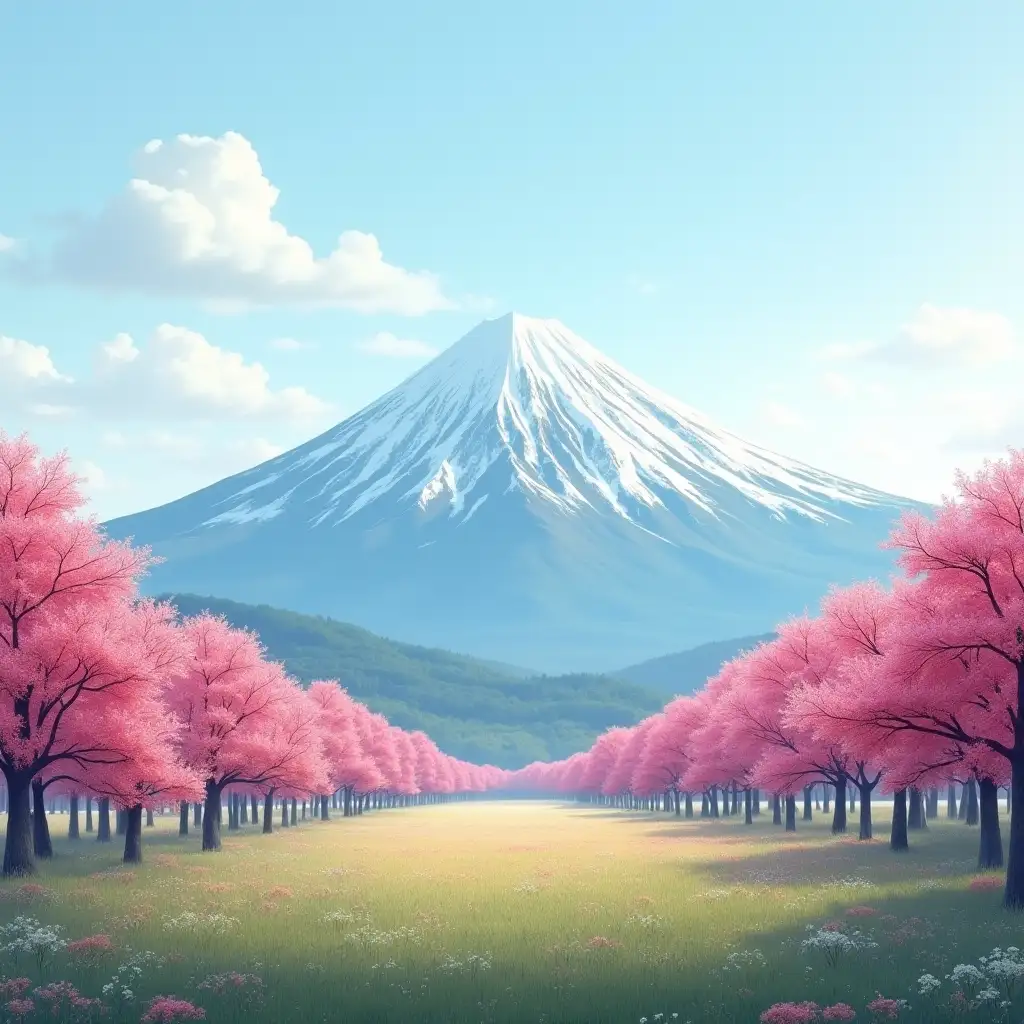 This landscape shows a wide place with flat terrain and many trees. Despite this it has views to a giant mountain located in Japan. [...] THE TREES ARE PINK, THEY ARE BEAUTIFUL AND THE GRASS IS A LITTLE GREEN (ONLY A LITTLE)