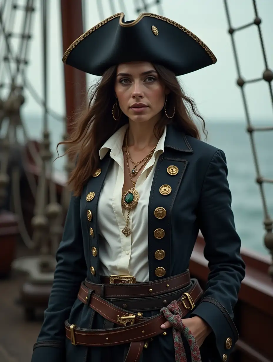 front view of a European black median hair white woman as pirate in closed jacket over white shirt, talisman-jewelry over shirt, her fabric belt, she in pirates hat, black high boots. She on ship sales.