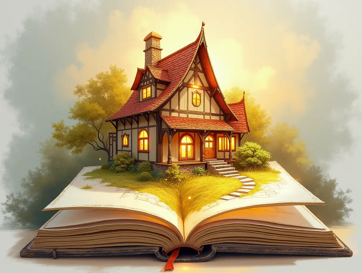 book inside has a golden house. Fantasy. Drawing type, sketches in color