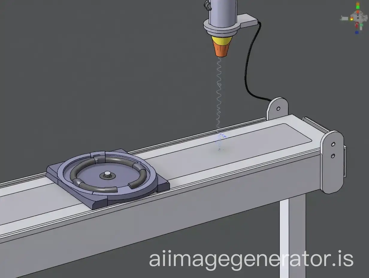 Generate a image with below details. A conveyor after the inspection table Generate a image with below details. A conveyor after the inspection table & a cicular ring press part on it & a sensor from above side with a stand on conveyour to generatr the part count signal &  counter. When a sensor is coming on hole of the rinf press part it is sensing twice.Add inpection table & make the part small & remove the drill. add inspector & putting the part on conveyour mannually/