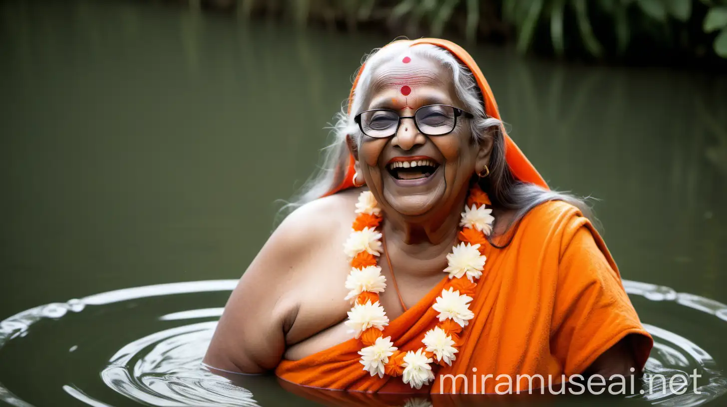 Joyful Hindu Monk Woman Bathing in Pond with Flower Garlands