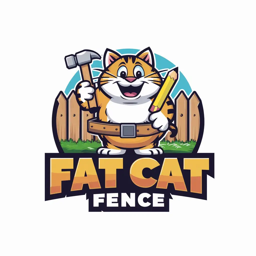 LOGO Design For Fat Cat Fence Bright Cartoon Cat with Tools and Wood Fence Theme