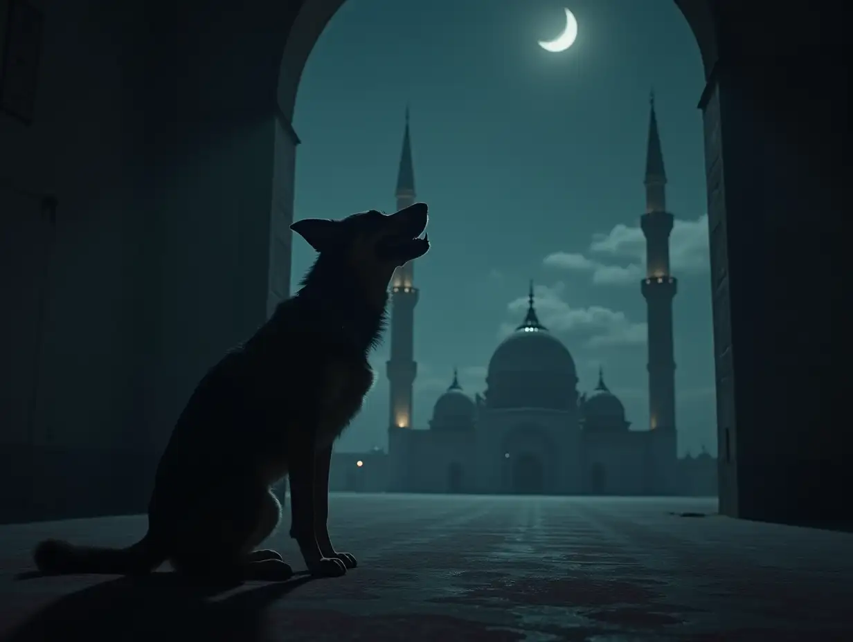 A myth-busting visual with a dog howling at night and an overlay text 'Not a sign of evil' while a Mufti explains in a mosque ,dramatic lighting, cinematic reality, 4K ultra-detailed.