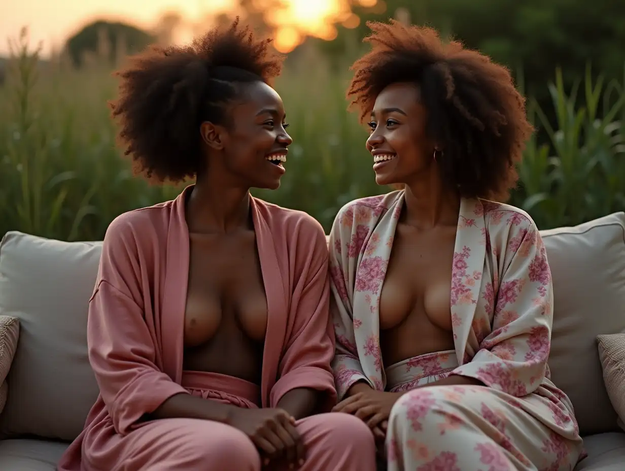 Young-African-Women-Flirting-on-Sofa-in-Garden-at-Dawn