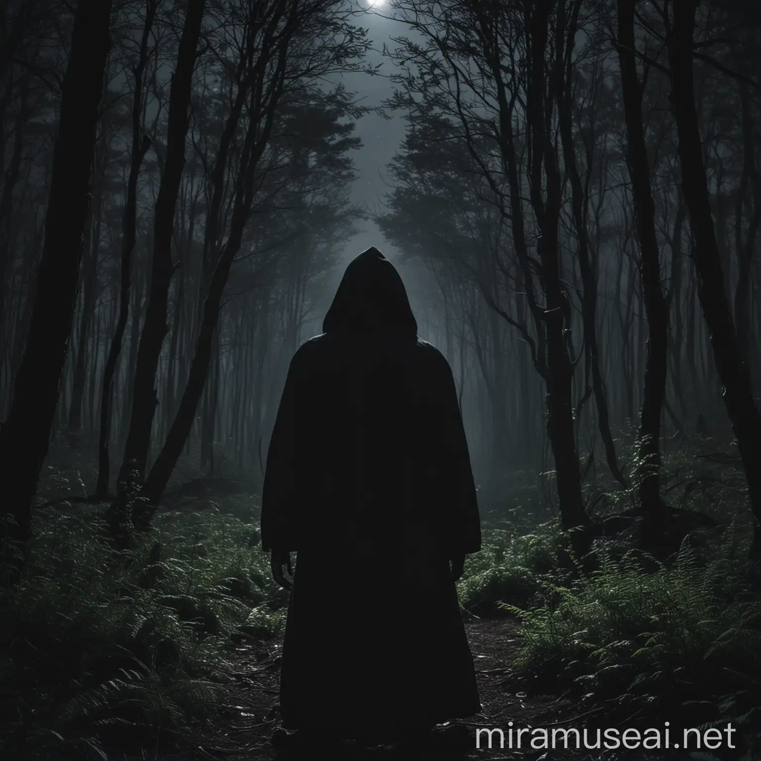 Mysterious Figure in Night Forest