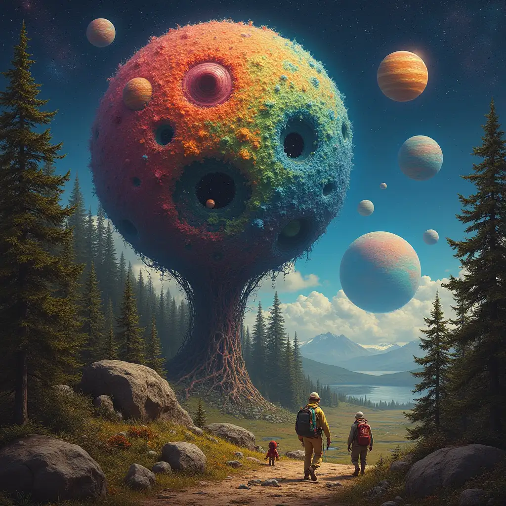 Hyperrealistic portrait of a Multiverse time traveler and various strange beings The elaborately detailed, colorful forested planets in the background