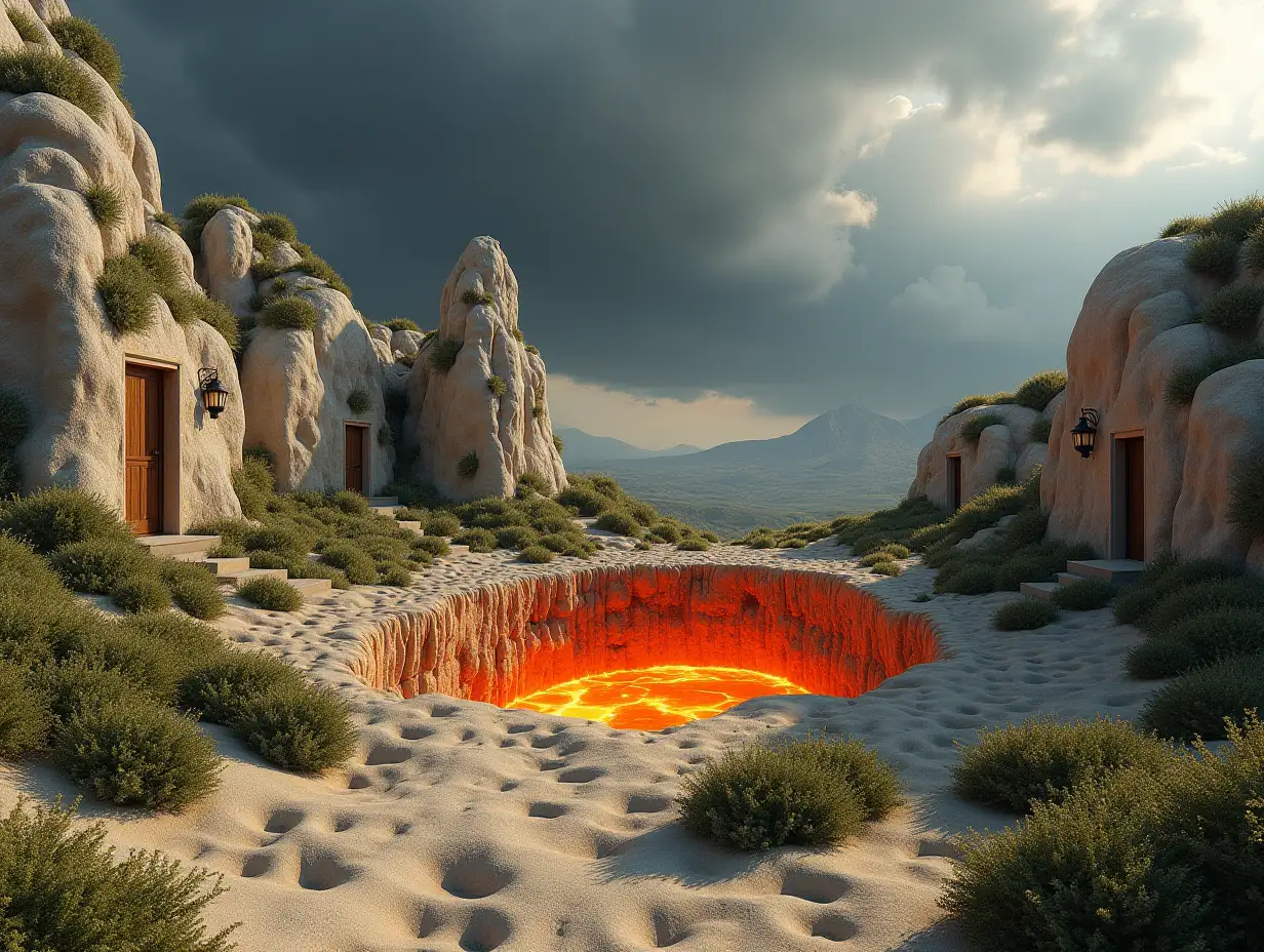 Create a hyperrealistic landscape with extremely realistic limestone rock formations covered with areas of green grass, high resolution and high quality details, featuring doors and windows in every house like ultrarealistic houses in the style of Cappadocia, sandy ground with scattered bushes full of extremely realistic flowers. A large, wide and deep crack on the floor releases a large mass of boiling lava. In the distance, a big storm approaches consisting of dark, dense and hyperrealistic clouds and high resolution details.