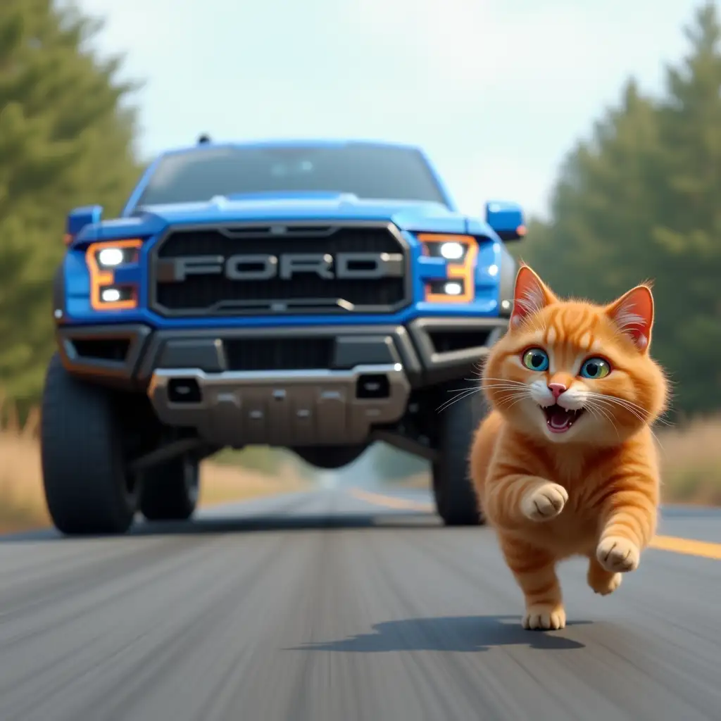 A big blue ford f-150 raptor is chasing a shaggy ginger cat, who runs away in fear along the road, one of the cat's eyes is blue and the other is yellow, computer graphics