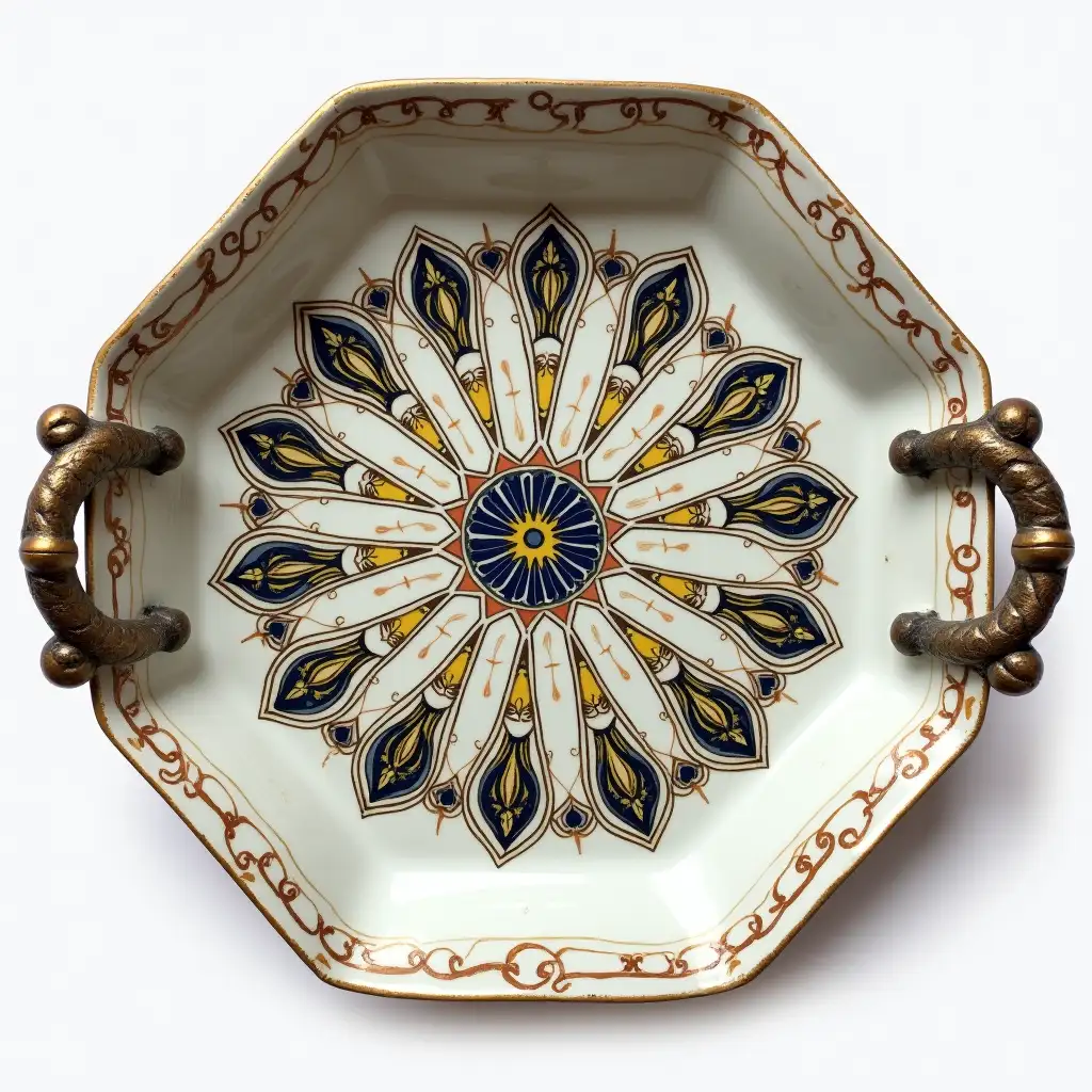 Octagonal with rounded corners ceramic serving dish with embossed beautiful handle, Underglaze painting on white body, Fine art, Hyper detailed, Antique and old, Qajar art, Iranian Tabriz carpet design