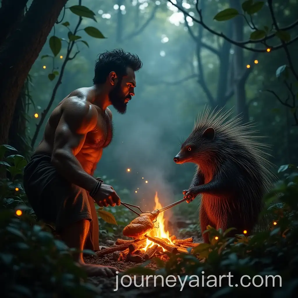 Human-and-Porcupine-Standoff-Over-a-Fire-in-the-Amazon-Rainforest