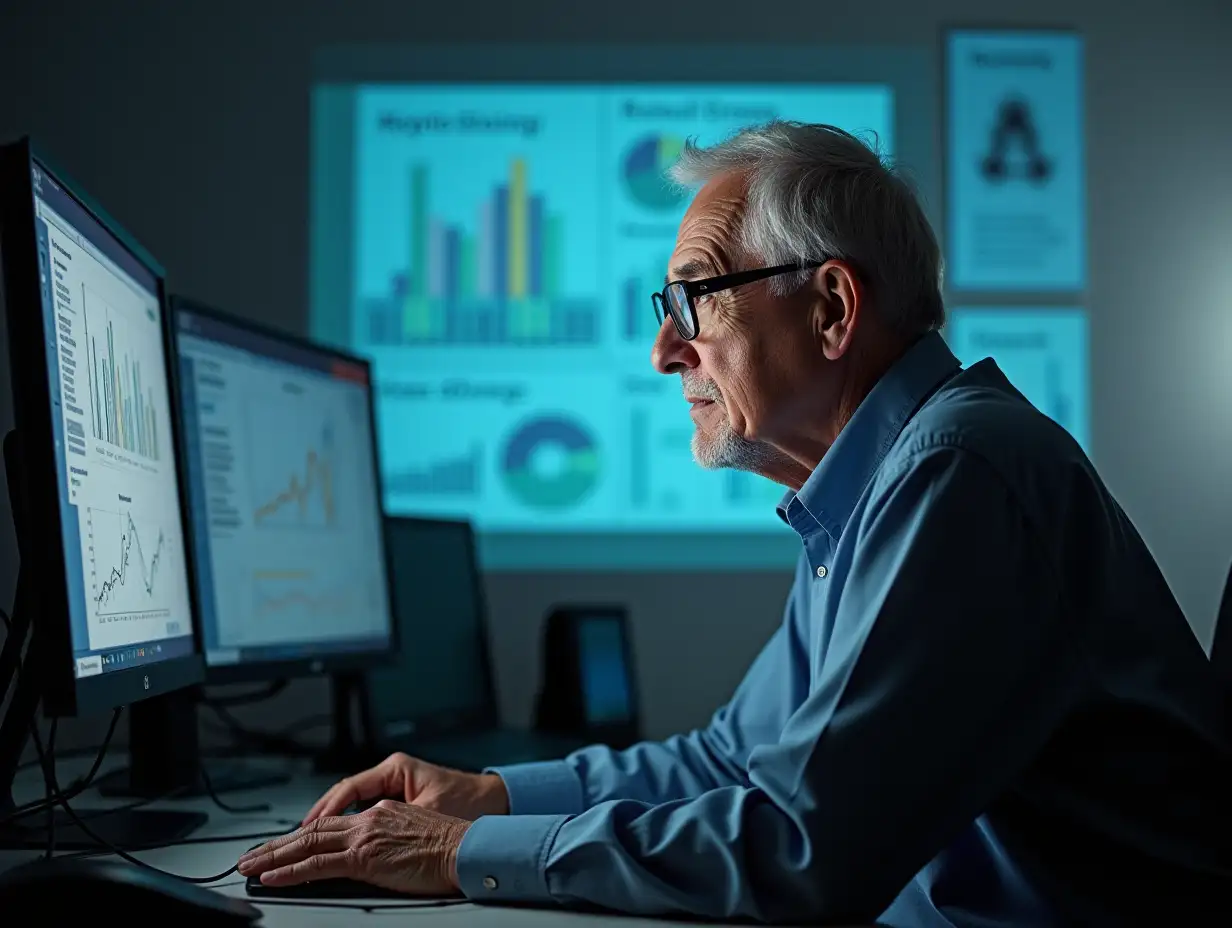 An elderly man with glasses, sitting at a computer and looking at the screen in confusion, where there are graphs, diagrams and incomprehensible terms.