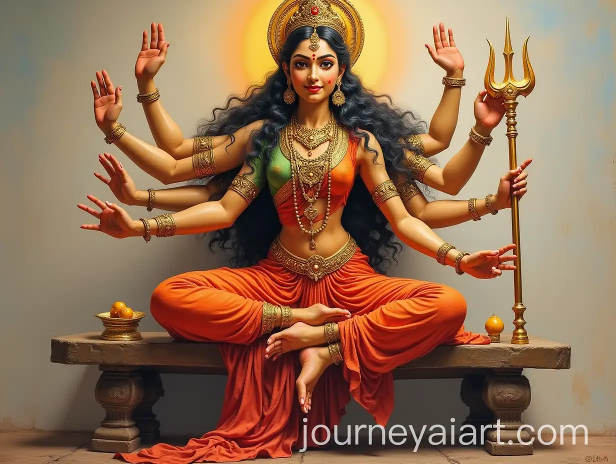Goddess-Durga-Seated-on-a-Bench-with-Four-Arms-Holding-Trident-in-Hand