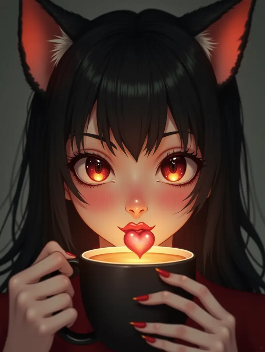 beautiful woman with black cat ears with a coffee mug, licking her lips, heart-shaped bubbles flying out of the cup, three-dimensional eyes with highlights, sophisticated design, high detail, clear focus, photorealistic, artistic cinematography, chromatic aberration, ultra-realistic