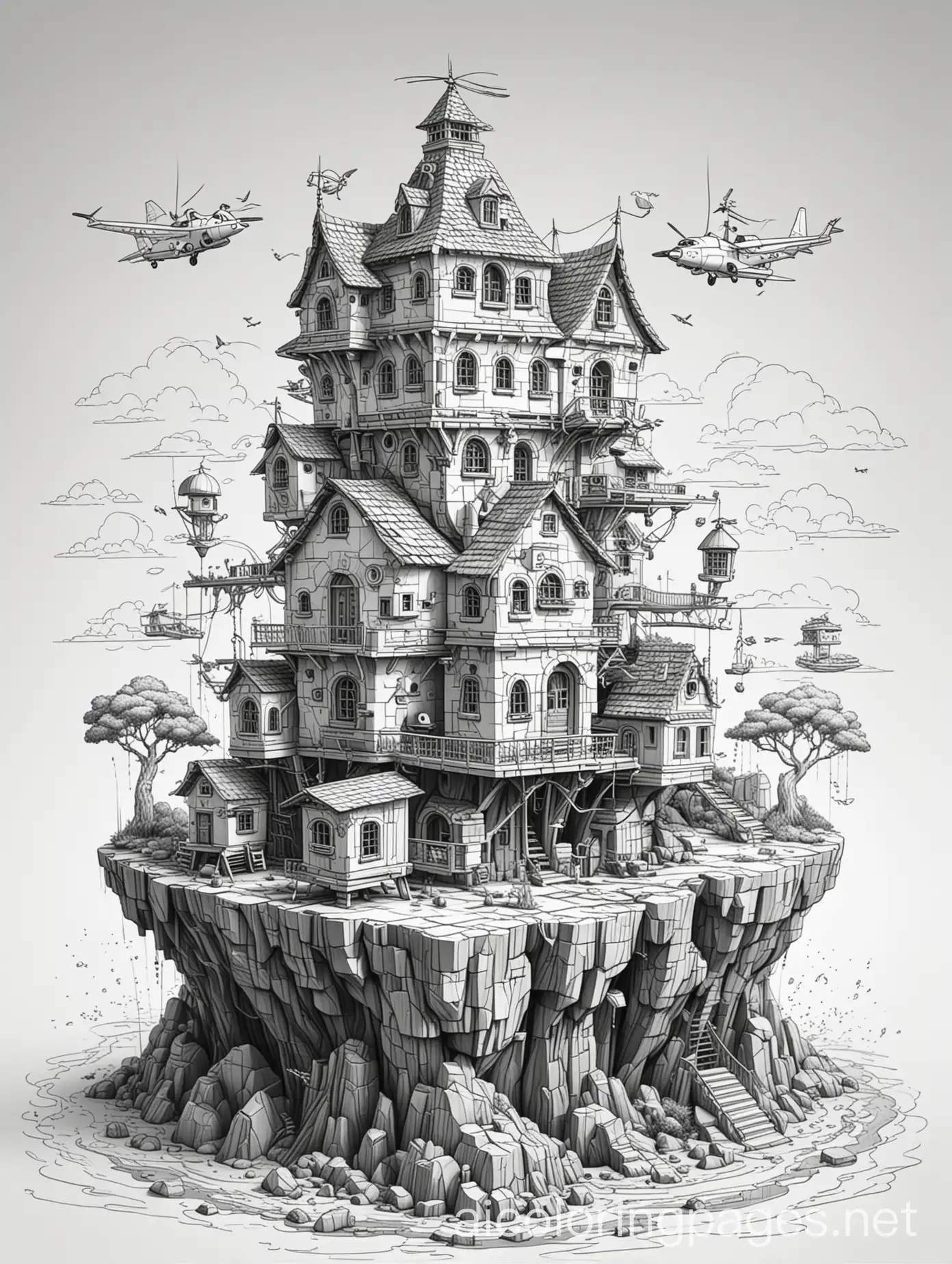 Fantasy-Block-House-on-Flying-Island-Coloring-Page