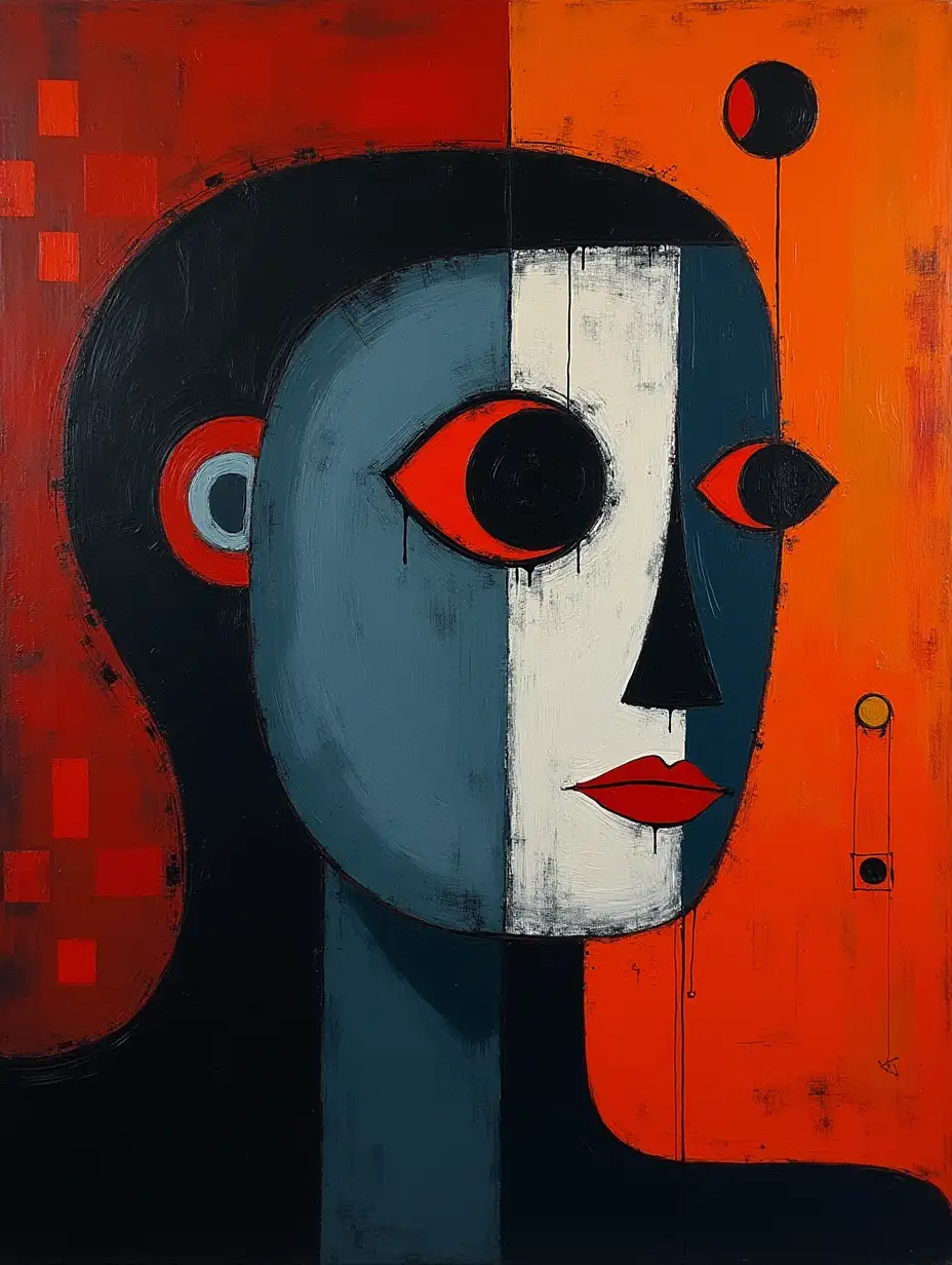 picture in checkered pattern, stripe, primitively schematic, minimalism, avant-garde, face, portrait, huge looming eye, darkness in the style of Kandinsky, Malevich, minimalism, simplified for a beginner artist with acrylics many colors, constructivism abstractionism, gloomy