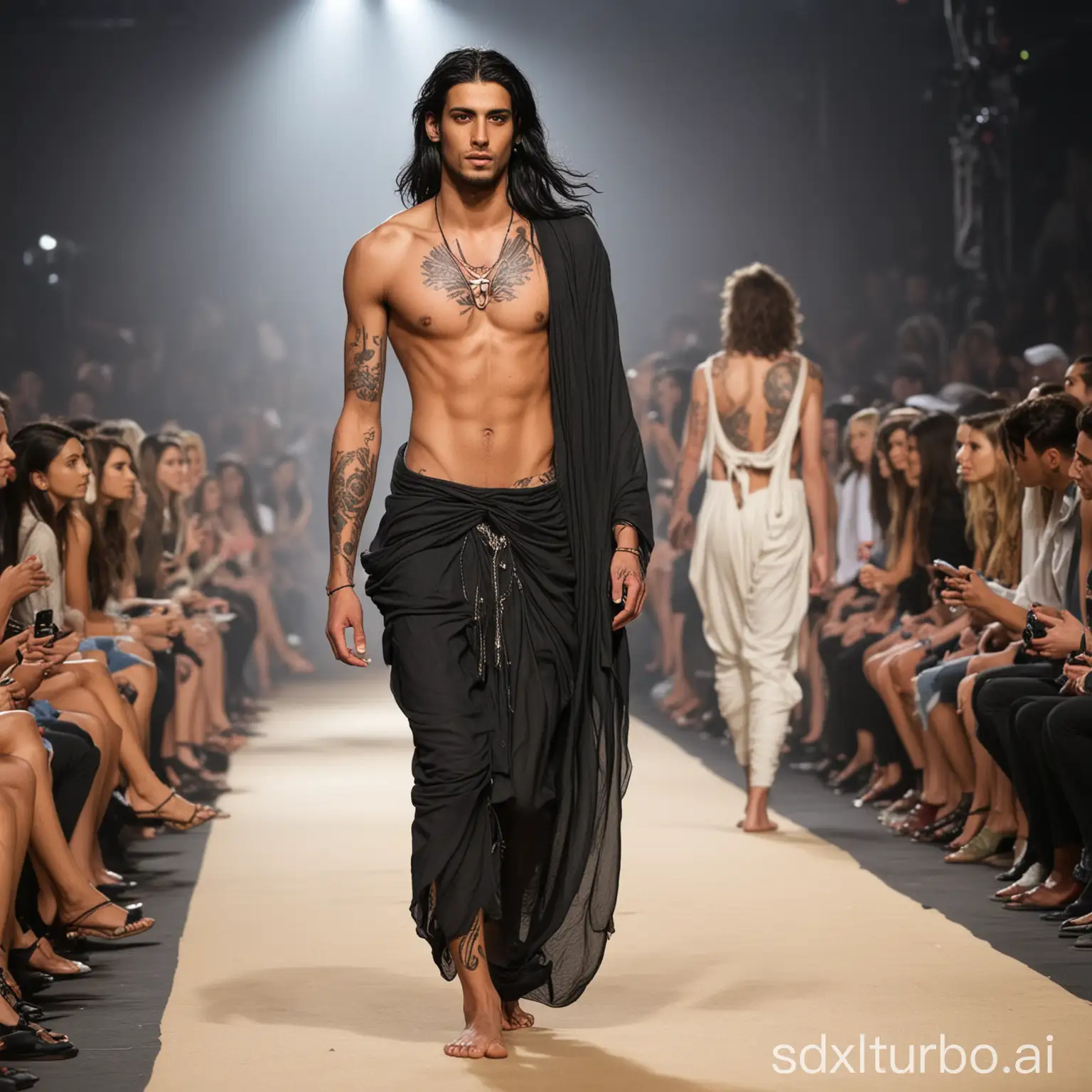 tall slim sexy young arabic male model with long flowing black hair and tattoos wearing a small loincloth walking barefoot down the runway in a fashion show with other models