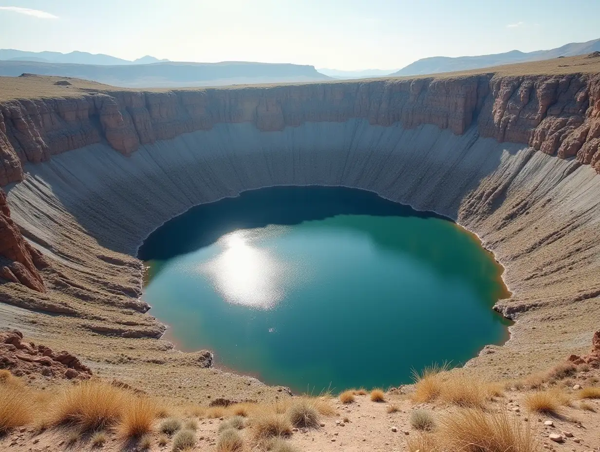 round lake in the impact crater. there is a park on the crater shaft. view from the water's edge. dry needle engraving.