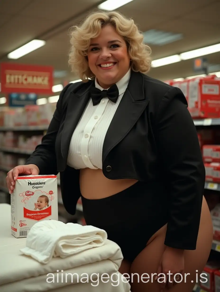 Caucasian-Woman-in-Formal-Tuxedo-Presenting-Huggies-Diapers-at-Supermarket-Product-Demo