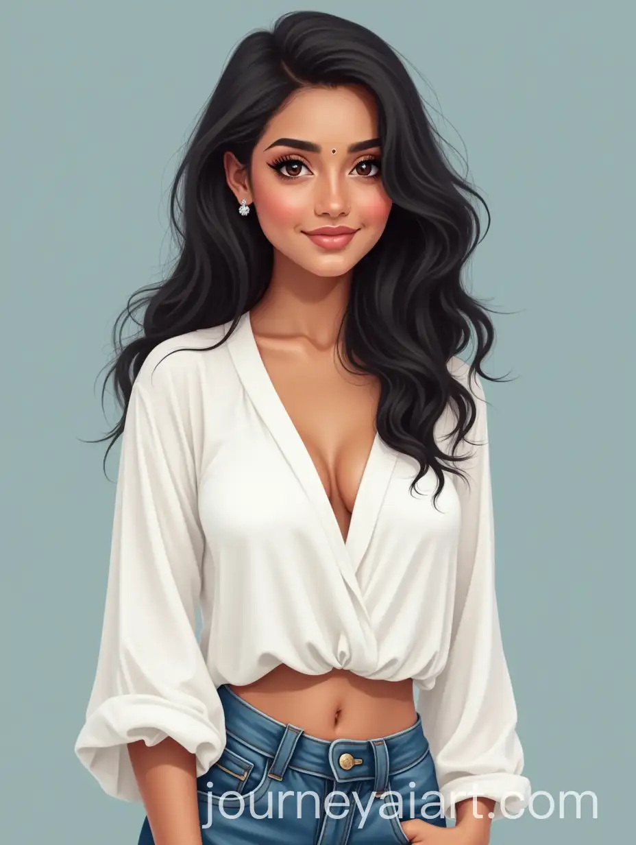 Curvy-Indian-Woman-in-White-Blouse-and-LowWaist-Jeans-with-Jovial-Expression