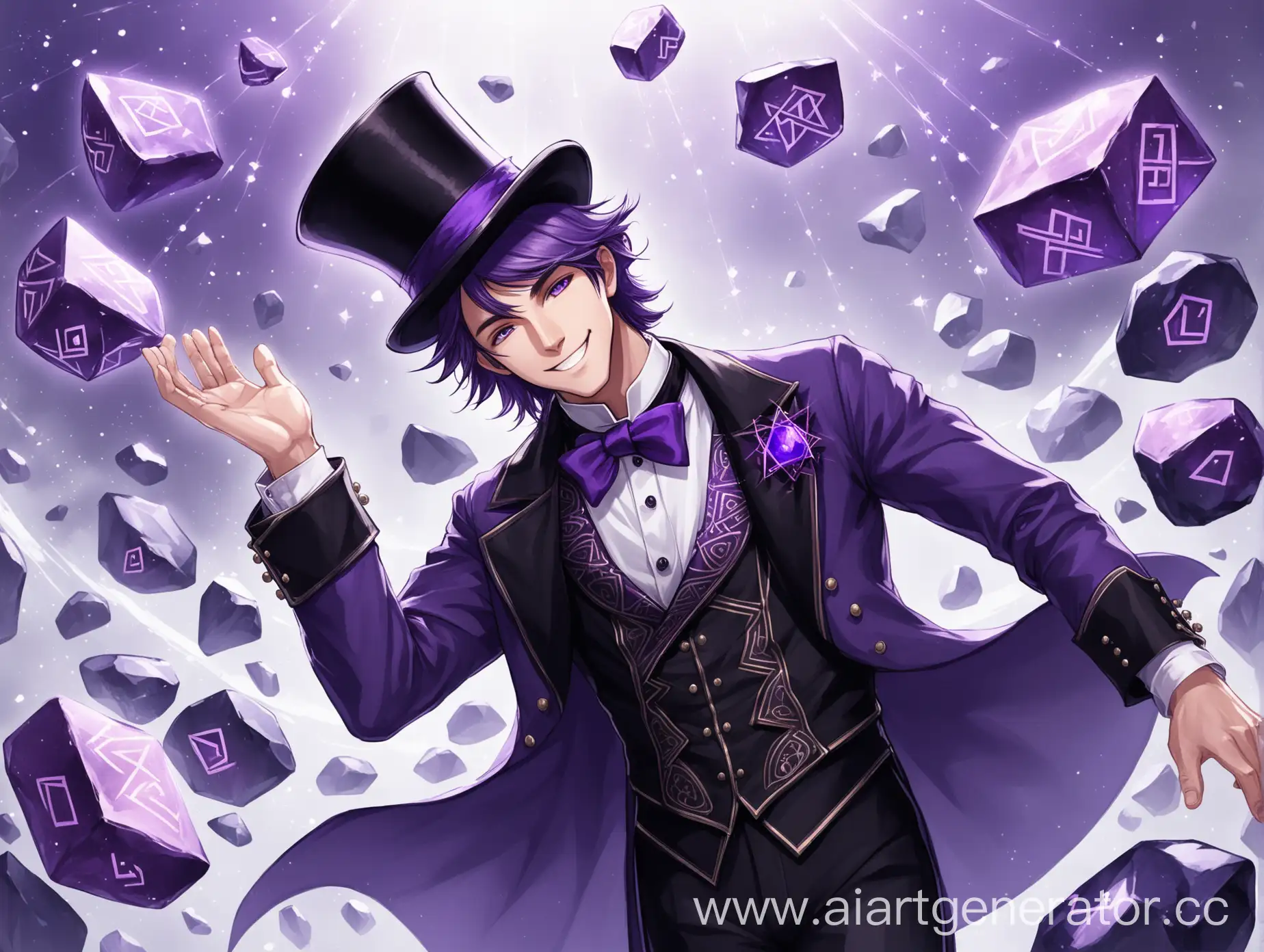 Smiling-Man-in-Tailcoat-with-Floating-Purple-Runic-Stones