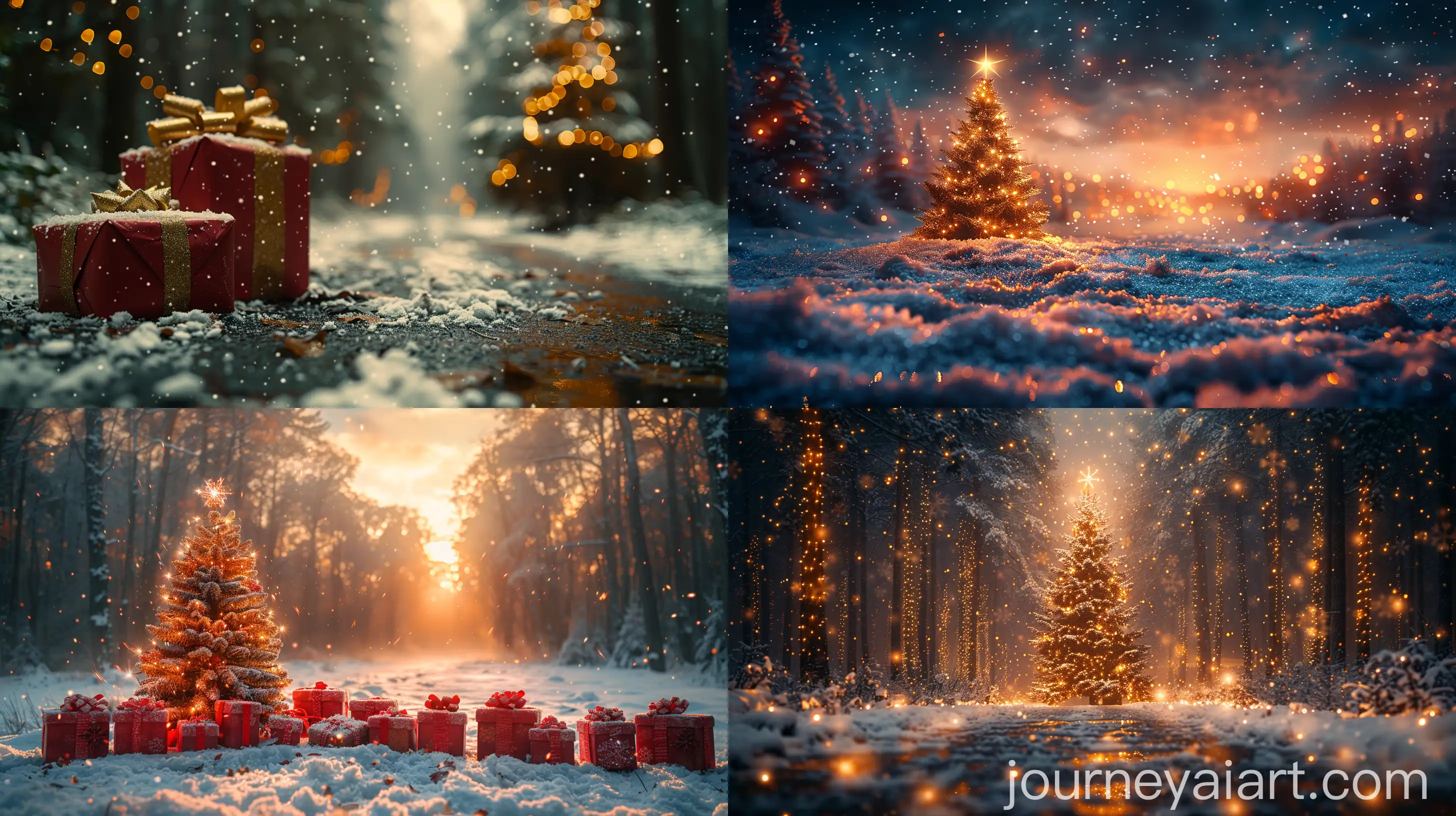 Winter-Night-Scene-with-Christmas-Tree-and-Gift-Boxes-in-Snow
