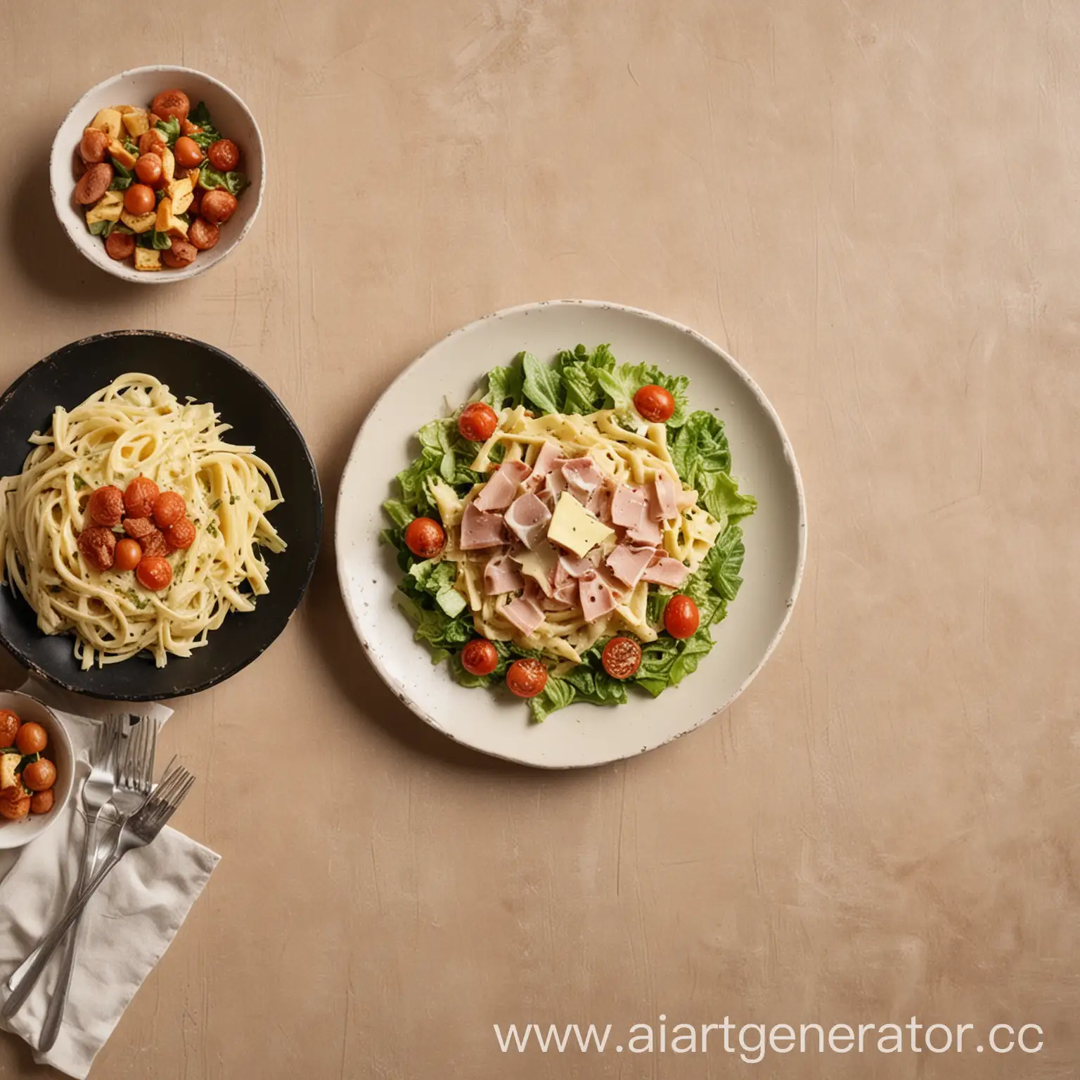 Delicious-Carbonara-and-Caesar-Salad-on-Beige-Table