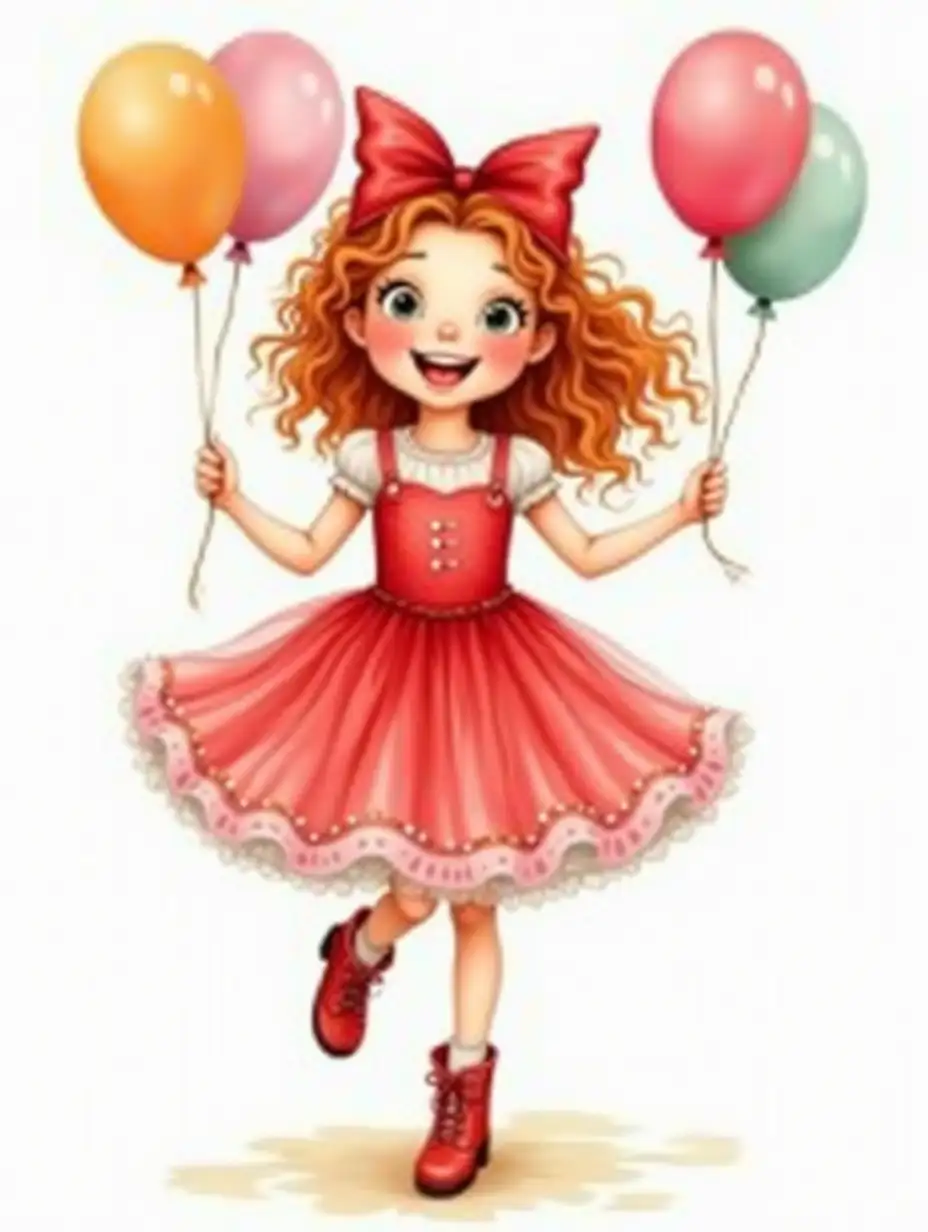 photorealistic airy realistic watercolor, photorealism, wide strokes, a gentle girl in full height of European DreamWorks appearance, reddish curls, drawing of eyelashes, playfully laughing, playful look, rosy cheeks, freckles, a big red bow on her head, dressed in a red fluffy oneairy dress with sequins. boots on her feet. With a red bow, complex full-length perspective. Holds balloons and dances, watercolor, ink drawing, beautiful, 4k, high detail