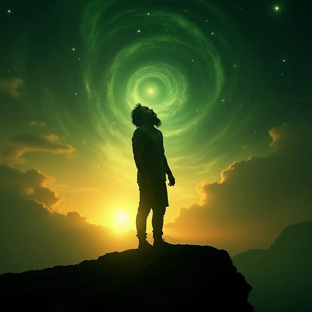 Create a striking image of a silhouette of a bearded man throat singing, standing on the edge of a cliff at sunset, with the vastness of the universe in the background. The man’s posture should be strong and grounded, as if channeling deep energy. The sky is filled with swirling cosmic elements and distant stars, blending seamlessly into the horizon. The scene should evoke a sense of connection between the earth and the cosmos, with the universe expanding beyond. Use green and gold as the prominent colors in the scene: the sunset should bathe the sky in warm golden hues, and the cosmic elements should have a rich, ethereal green glow, enhancing the sense of spiritual energy. The cliff and man should be silhouetted, emphasizing the powerful act of throat singing amidst the infinite universe. The overall mood should be one of deep, mystical connection, awe, and serenity.