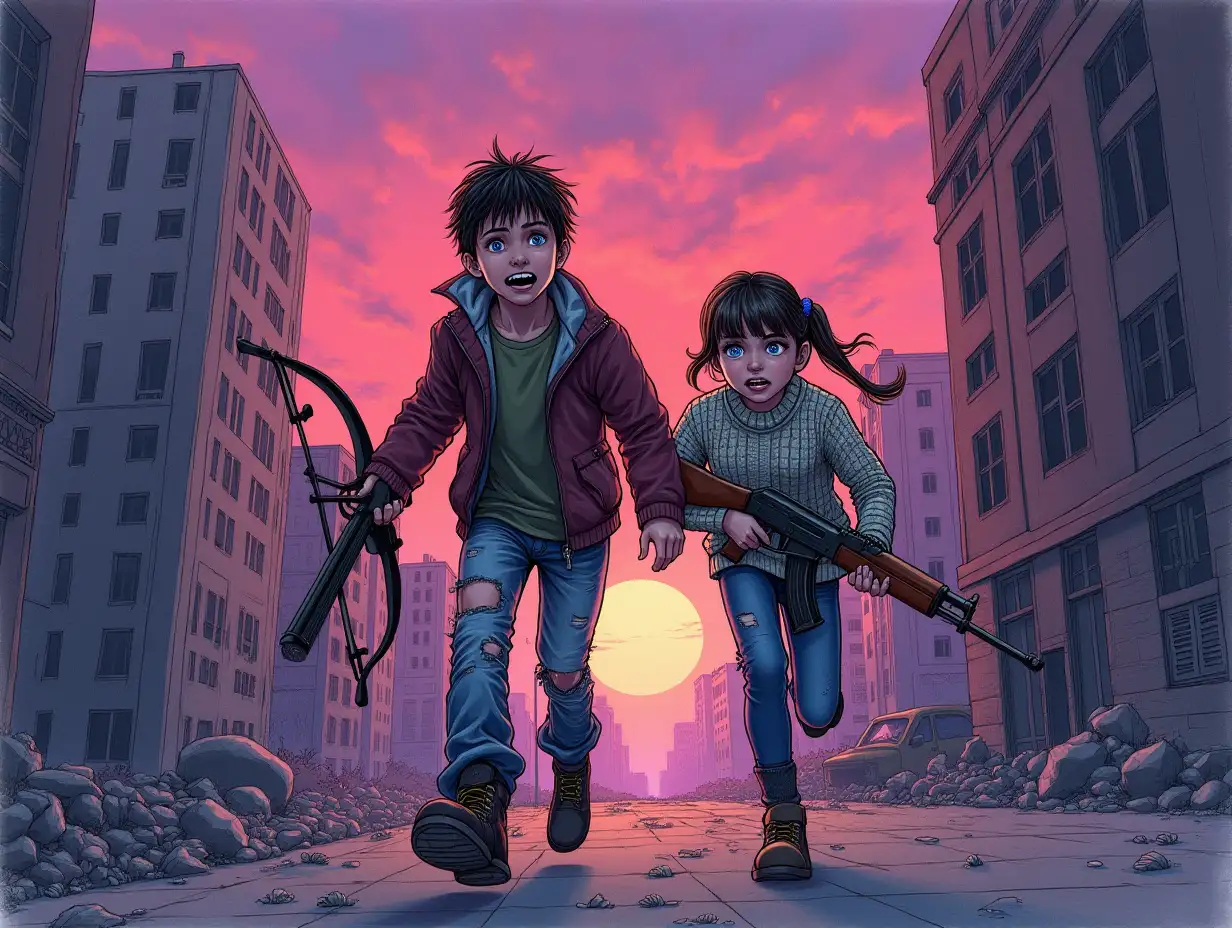 Destroyed city, post apocalypse, purple sunset, a young man in torn pants, and a girl of 15 years - in a knitted sweater to the knees, dirty, frightened, dressed in torn clothes, running at the viewer, the boy is holding a crossbow, the girl has a Kalashnikov rifle, tense atmosphere, drawing with colored ink.