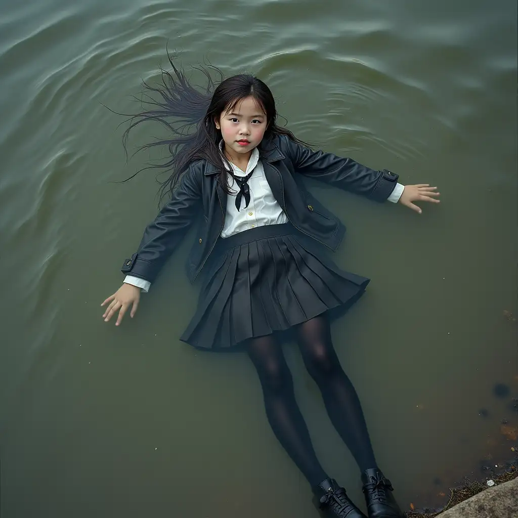 A young schoolgirl in a school uniform, in a skirt, jacket, blouse, dark tights, high-heeled shoes. She is swimming in a dirty pond, lying underwater, all her clothes are completely wet, wet clothes stick to her body, the whole body is underwater, submerged in water, under the surface of the water, below the water's edge.