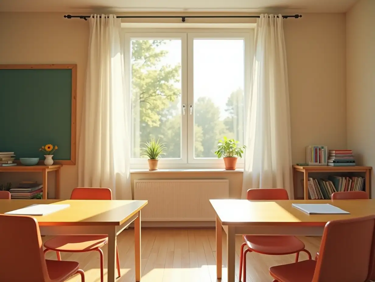 show me an image of a bright and airy classroom, window open, sunlight shining in