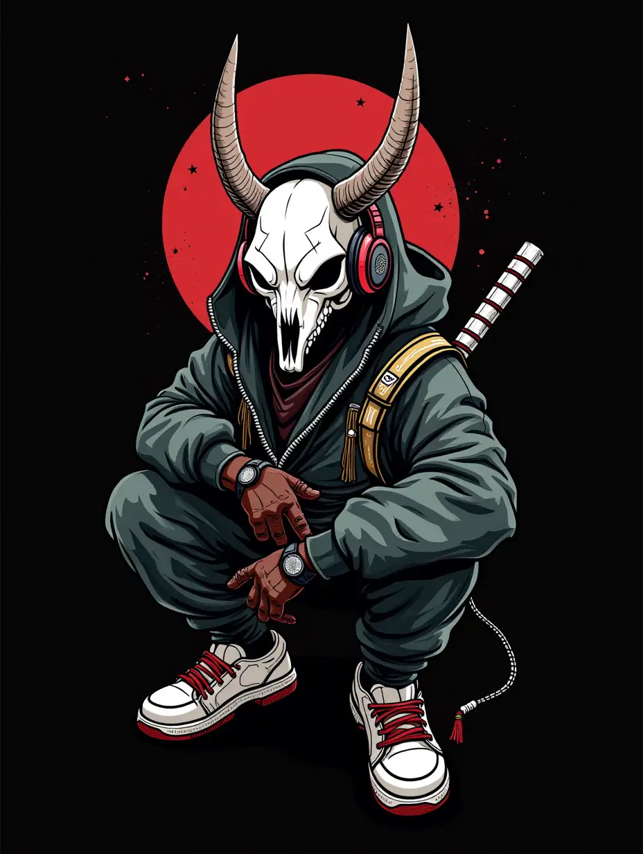 Ronin-Character-Concept-Art-with-Animal-Skull-Mask-and-Modern-Techwear-Aesthetic-Listening-to-Music