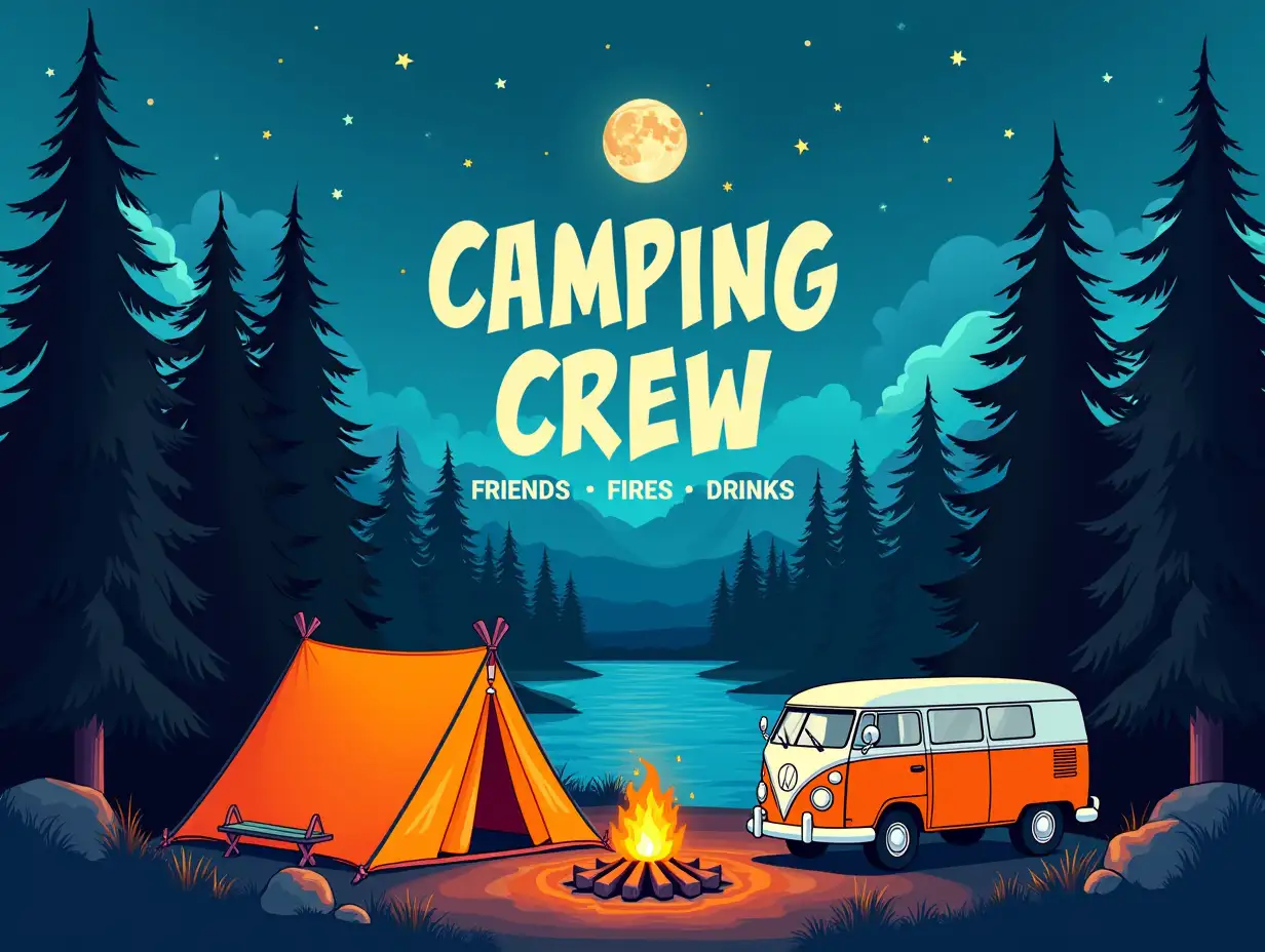 Camping scene at twilight, featuring a vibrant and colorful forest with tall pine trees surrounding a tranquil lake. In the foreground, a cozy camping setup includes a bright orange tent and a warm campfire with glowing embers. The moon hangs in a clear blue sky, dotted with twinkling stars, casting a serene light over the landscape. A vintage camper van is subtly integrated into the scene, adding a nostalgic touch. The overall aesthetic is bold and graphic, resembling an illustrated style with clean lines and a slightly retro vibe. Prominent text overlay reading 'Camping Crew' along with 'Friends, Fires, Drinks,' enhances the sense of camaraderie and adventure.