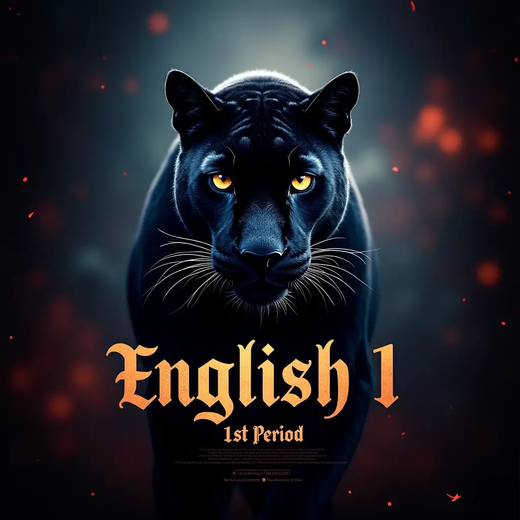 Create an album cover featuring a majestic panther as described in the Bible, with a sleek and powerful appearance. The background should be a mix of dark and vibrant colors, giving a sense of mystery and energy. Include the text 'English 1 1st Period' in bold, stylish font in the middle of the cover.