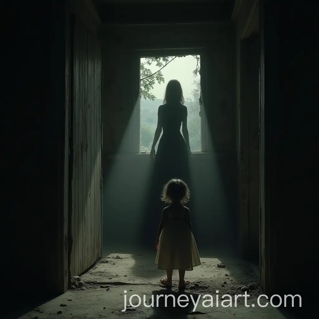 Ethereal-Shadow-of-a-Woman-Looms-Over-Terrified-Child-in-Abandoned-House
