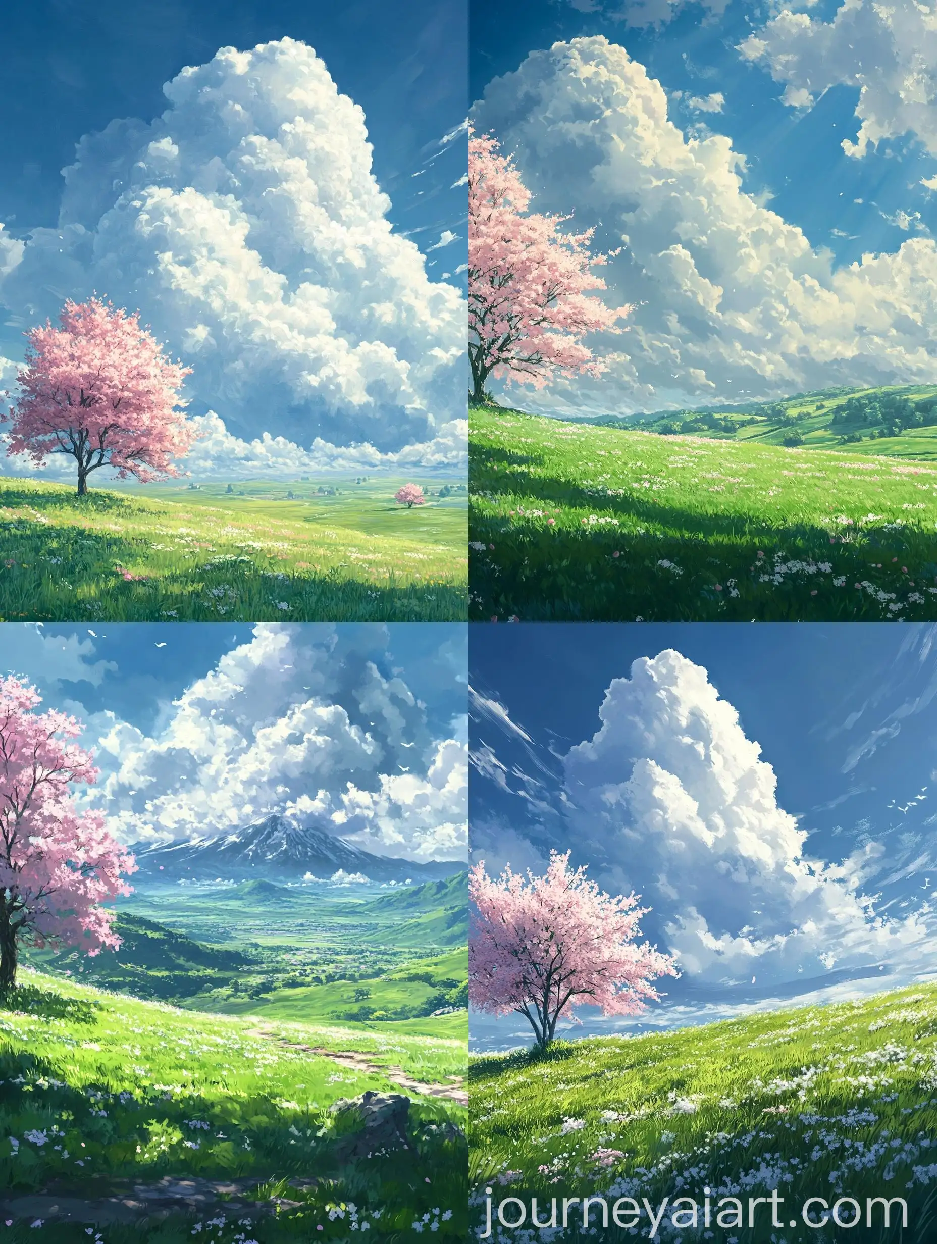 Makoto-Shinkai-Style-Green-Grass-Plain-with-Pillar-of-Clouds