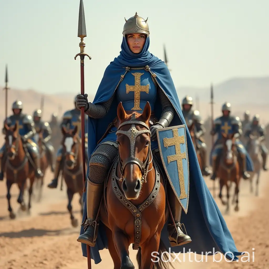 A beautiful German female knight, the queen of the Jerusalem kingdom, dressed in a long blue cloak, plate gloves, plate boots, a balaclava, a helmet with a golden crown, a combat spear in her right hand, a sword hanging on her belt in a beautiful golden scabbard, a shield with a painted Jerusalem cross in her left hand, a Jerusalem cross embroidered with gold threads on the woman's chest, a woman riding a horse, full-length, through the desert, the queen is accompanied by an army of foot knights-crusaders with swords, with shields, with spears, with axes and knights on horses with swords, with shields, with spears