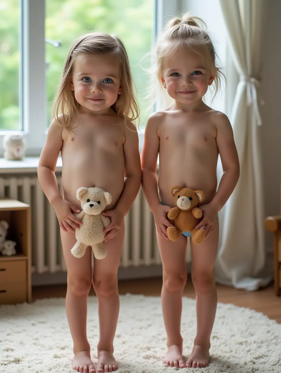 Two-Skinny-Girls-with-Blue-Eyes-Holding-Stuffed-Animals-in-Playroom