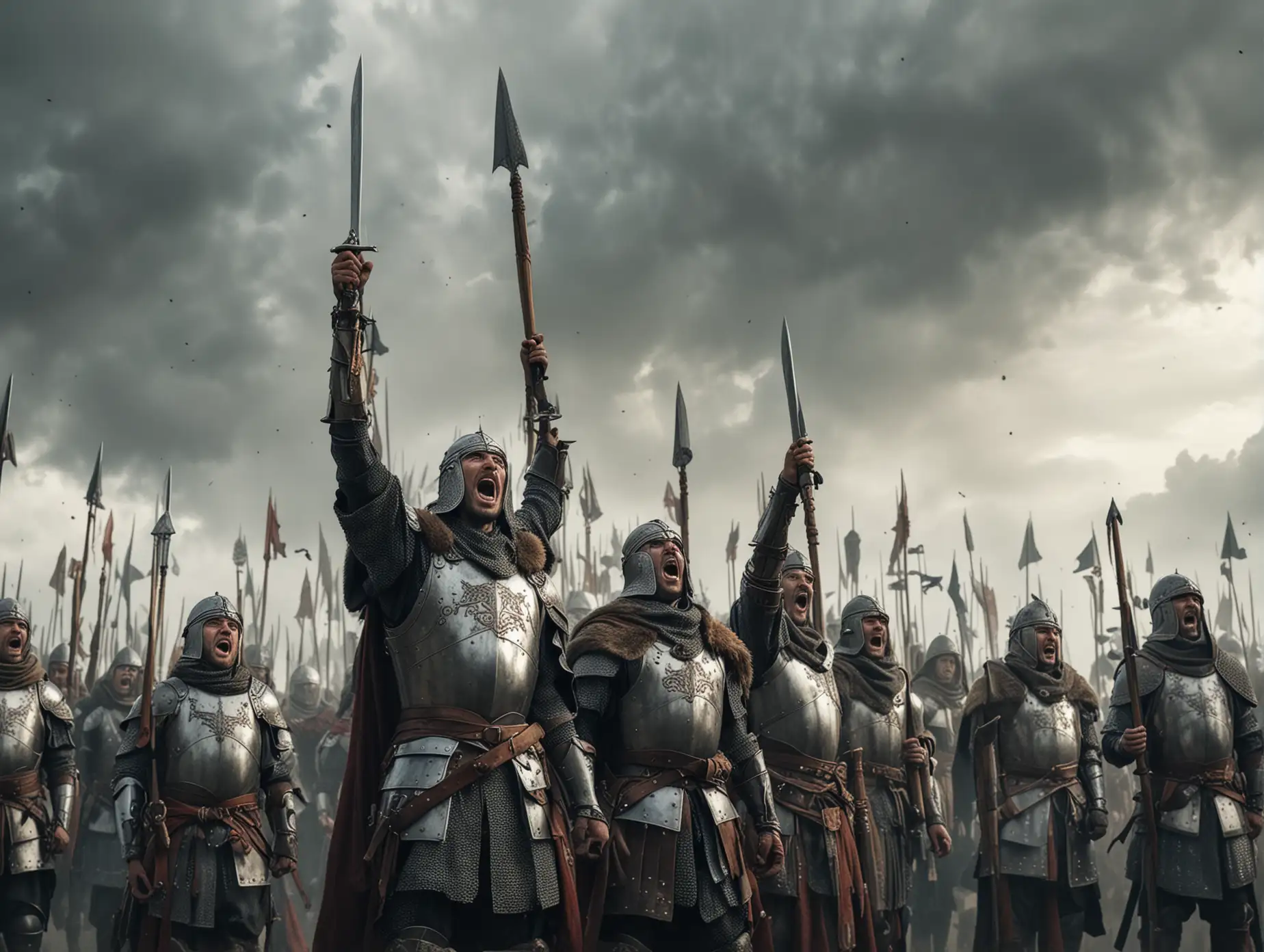 A crowd of warriors in medieval armor are standing and shouting, raising their weapons high, they are inspired before the battle, looking upwards at themselves, the weather is cloudy, dust in the air