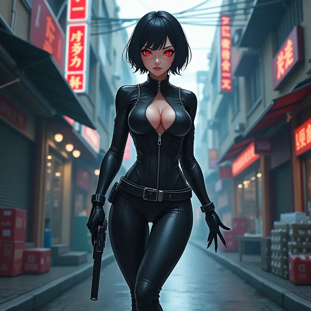 Short hair, mature Asian woman thief cyber runner in a dynamic full-length pose, eyes with red electronic pupils, large breast, extreme skintight body glove zipped down with cleavage, combat boots and combat belt. Full view of her body from boots up, low wide angle. Future store filled city alley street. Anime