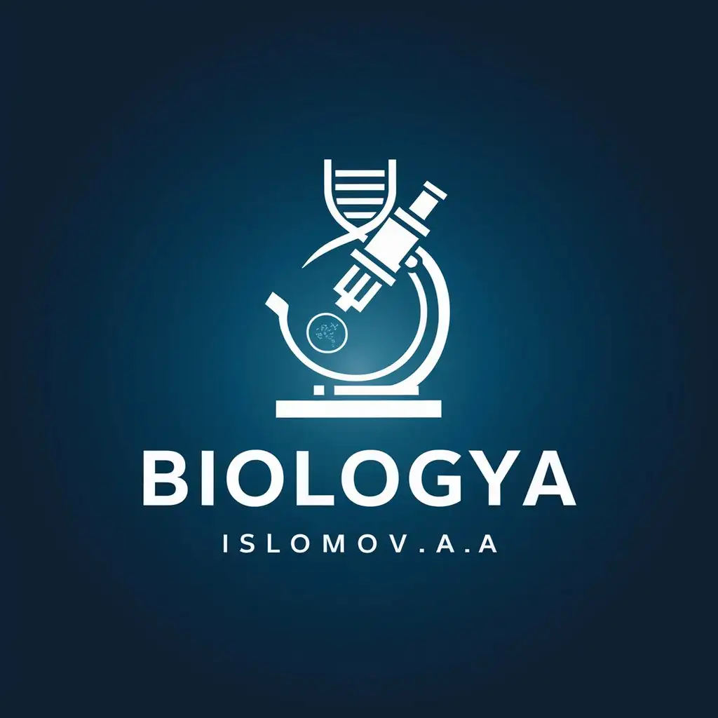 ЛОГОТИП С НАЗВАНИЕ "BIOLOGIYA" ТОЧНО ВИДНО СЛОГАН -" ISLOMOV.A.A", ГРАДИЕНТ ЦВЕТА СИНИЙ, ЭЛЕМЕНТ КИТ, НАУКА, БИОЛОГИЯ