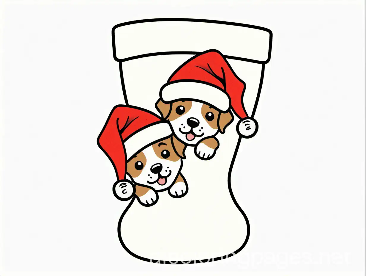 Three-Cute-Puppies-in-Santa-Hats-Peeking-from-Christmas-Stockings-Coloring-Page