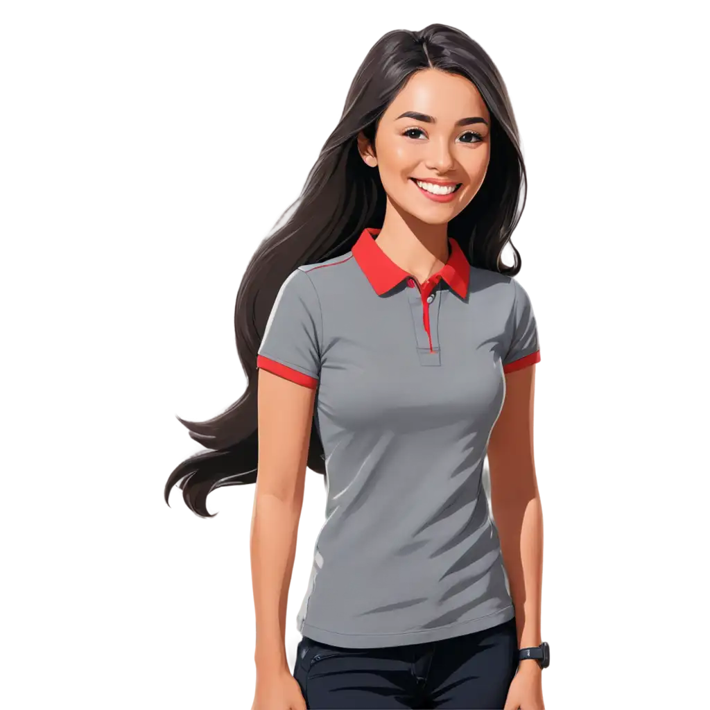 Cartoon-Style-PNG-Drawing-of-an-Eastern-Woman-Smiling-in-a-Grey-Polo-Shirt-with-Red-Details