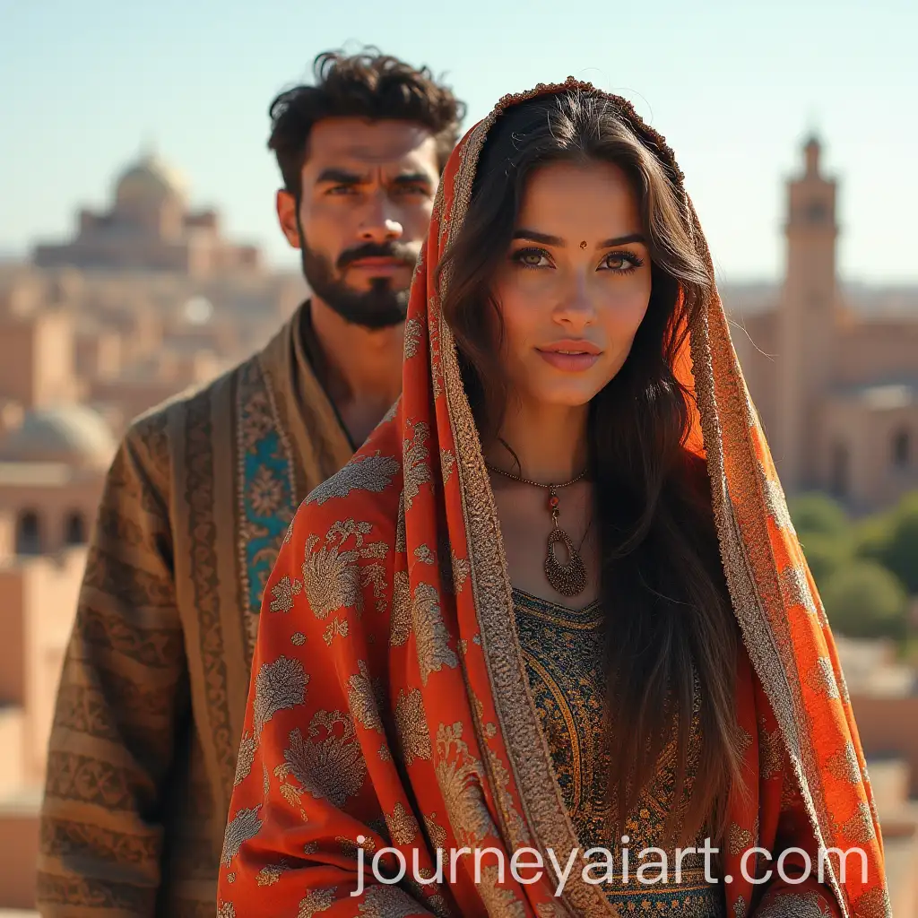 Moroccan-Woman-and-Man-in-Traditional-Clothing-with-Historical-Landmarks