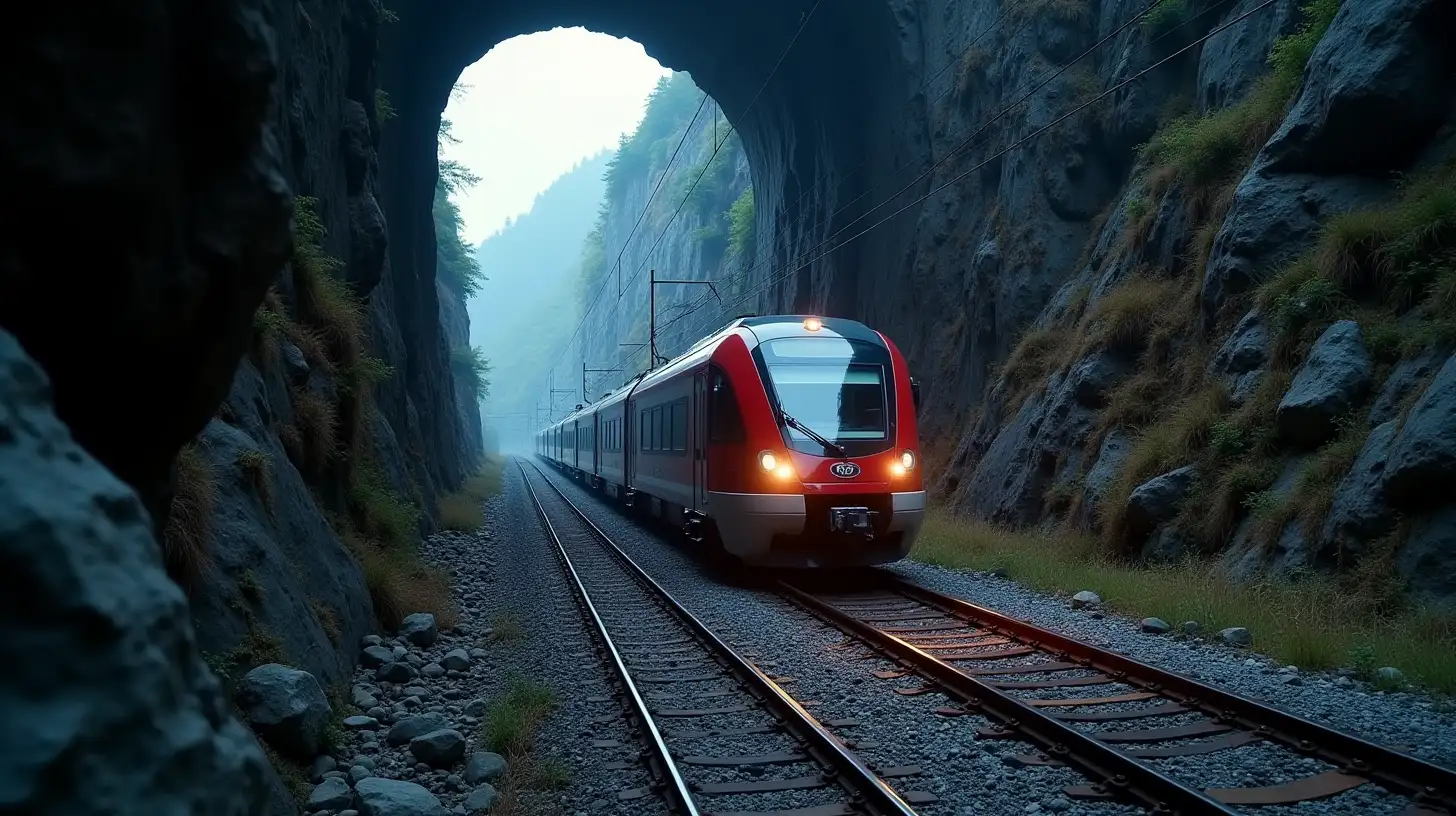 Modern Train Entering Illuminated Mountain Tunnel